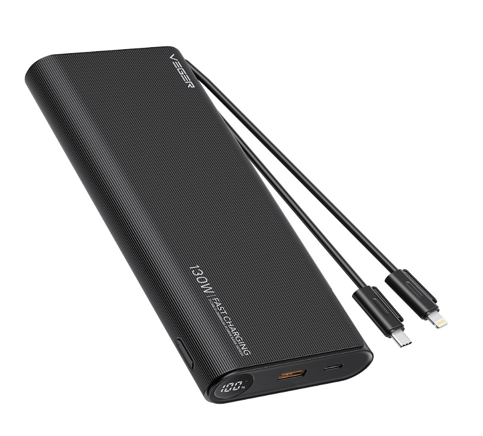 Power Bank VEGER (TC130) για Laptop με έξοδος PD3.0 max 130W built-in Type-C και lighting cable Fast Charging 25000mah