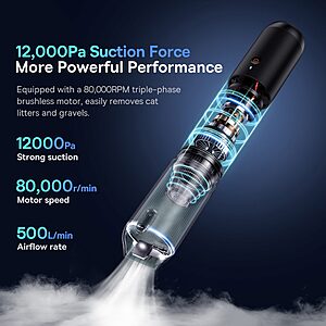 BASEUS A3lite Σκουπάκι Αυτοκινήτου 12000Pa - '2 σε 1' Ισχυρή Απορρόφηση και Λειτουργία Φύσηματος, Φορητό, Ασύρματο, Μαύρο - Image 3