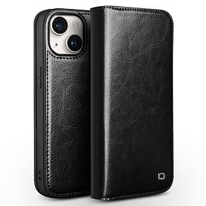 Θήκη iPhone 15 QIALINO book από Premium αυθεντικό γυαλιστερό δέρμα Genuine Cowhide μαύρο