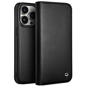 Θήκη iPhone 15 Pro Max QIALINO book v2 από Premium αυθεντικό δέρμα Genuine Cowhide μαύρο