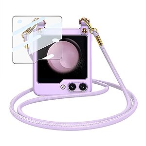 Θήκη Samsung Galaxy Z Flip5 5G GKK Full Premium Protection με προστασία οθόνης Tempered Glass και κορδονάκι για το λαιμό από σκληρό πλαστικό μωβ