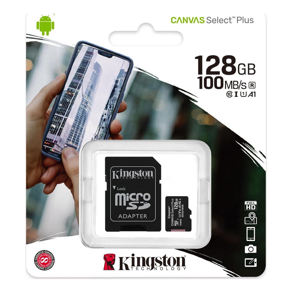0022276_0 Kingston Micro Secure Digital 128GB microSDXC Canvas Select Plus 80R CL10 UHS-I Card + SD Adapter (SDCS2/128GB) - Image 1