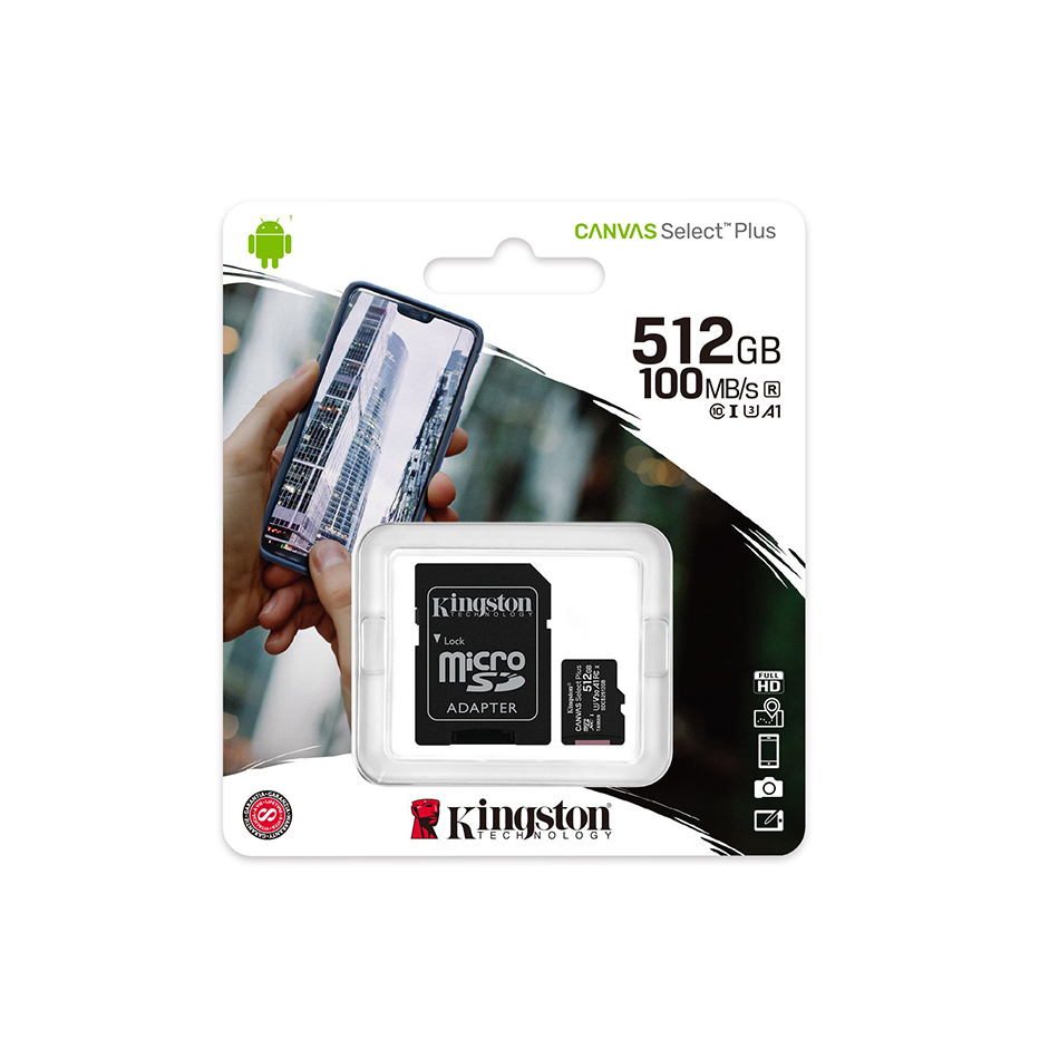 0022281_0 Kingston Micro Secure Digital 512GB microSDXC Canvas Select Plus 80R CL10 UHS-I Card + SD Adapter (SDCS2/512GB) - Image 1