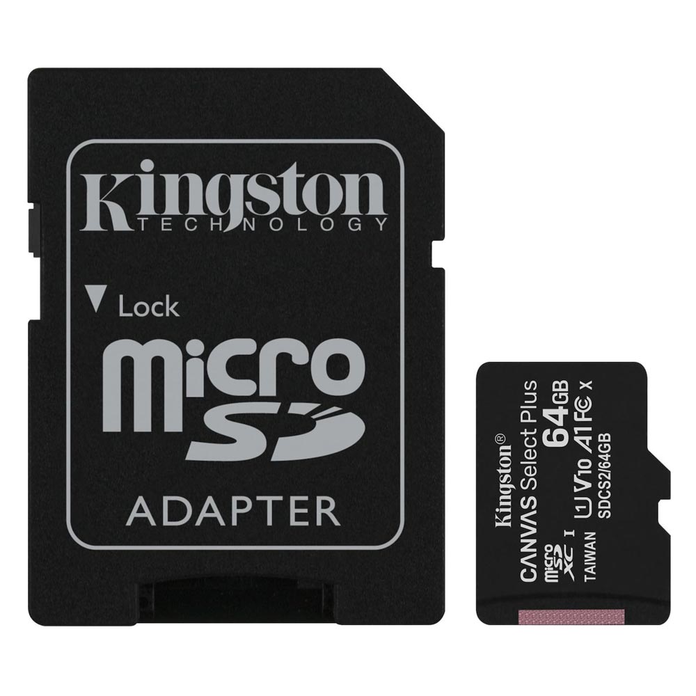 0022284_0 Kingston Micro Secure Digital 64GB microSDXC Canvas Select Plus 80R CL10 UHS-I Card + SD Adapter (SDCS2/64GB) - Image 1