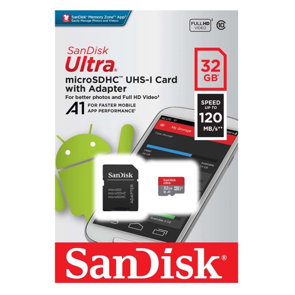 0033241_0 Sandisk Ultra microSDHC 32GB Class 10 A1 With Adapter Mobile (SDSQUA4-032G-GN6MA) (SANSDSQUA4-032G-GN6MA) - Image 1