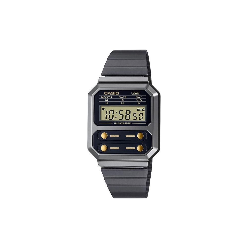 0064281_0 Casio Vintage Edgy Ρολόι Χρονογράφος Μπαταρίας με Μαύρο Μεταλλικό Μπρασελέ (A100WEGG-1A2EF) (CASA100WEGG1A2EF) - Image 1