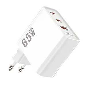 LEEWELLO LW-163 επιτοίχιος φορτιστής GAN Super Fast Charger 65W με 2 X Type-C και 1 x USB-A - λευκός