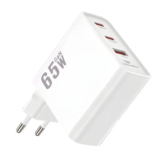 038985-1 LEEWELLO LW-163 επιτοίχιος φορτιστής GAN Super Fast Charger 65W με 2 X Type-C και 1 x USB-A - λευκός