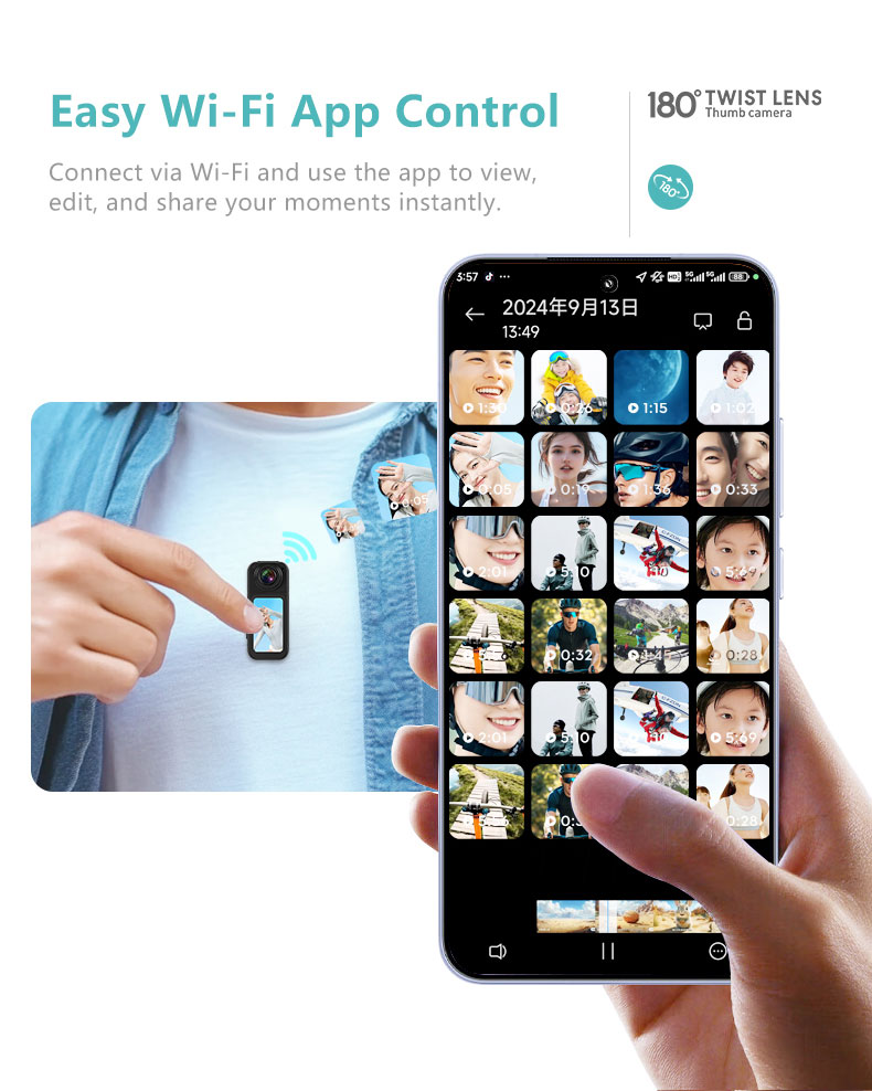 Αθλητική Κάμερα S70 με Περιστρεφόμενο Φακό, WiFi και Ανάλυση 2.7K – Ιδανική για Ποδηλασία, Κατοικίδια & FPV Λήψεις - λευκό 4 Εύκολος έλεγχος της μαύρης κάμερας S70 μέσω Wi-Fi εφαρμογής