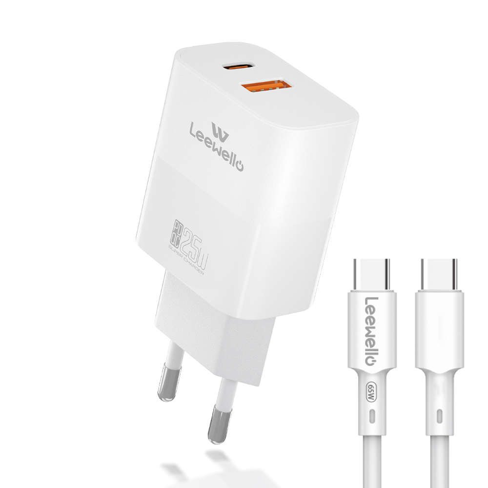 039600 Leewello Fast Charger Kit 1 x φορτιστής (PD & QC 3.) 25W Fast Charger με θύρες 1xType-C + 1xUSB A και καλώδιο 65W USB-C σε USB-C (LW-CDQ20) - λευκός