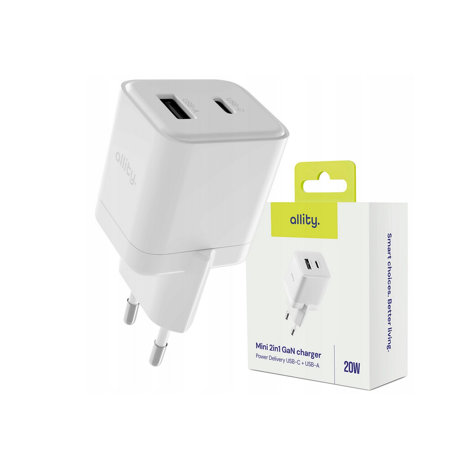 449677_oryg Φορτιστής τοίχου Allity GaN PD QC ATC-01-20WAC 1x USB-c 1x USB-a 20W λευκός - Image 1