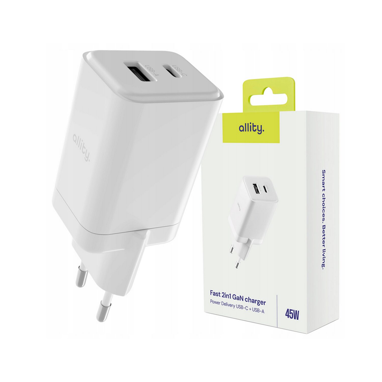 449678_oryg Φορτιστής τοίχου Allity GaN PD QC ATC-01-45WAC 1x USB-c 1x USB-a 45W λευκός - Image 1