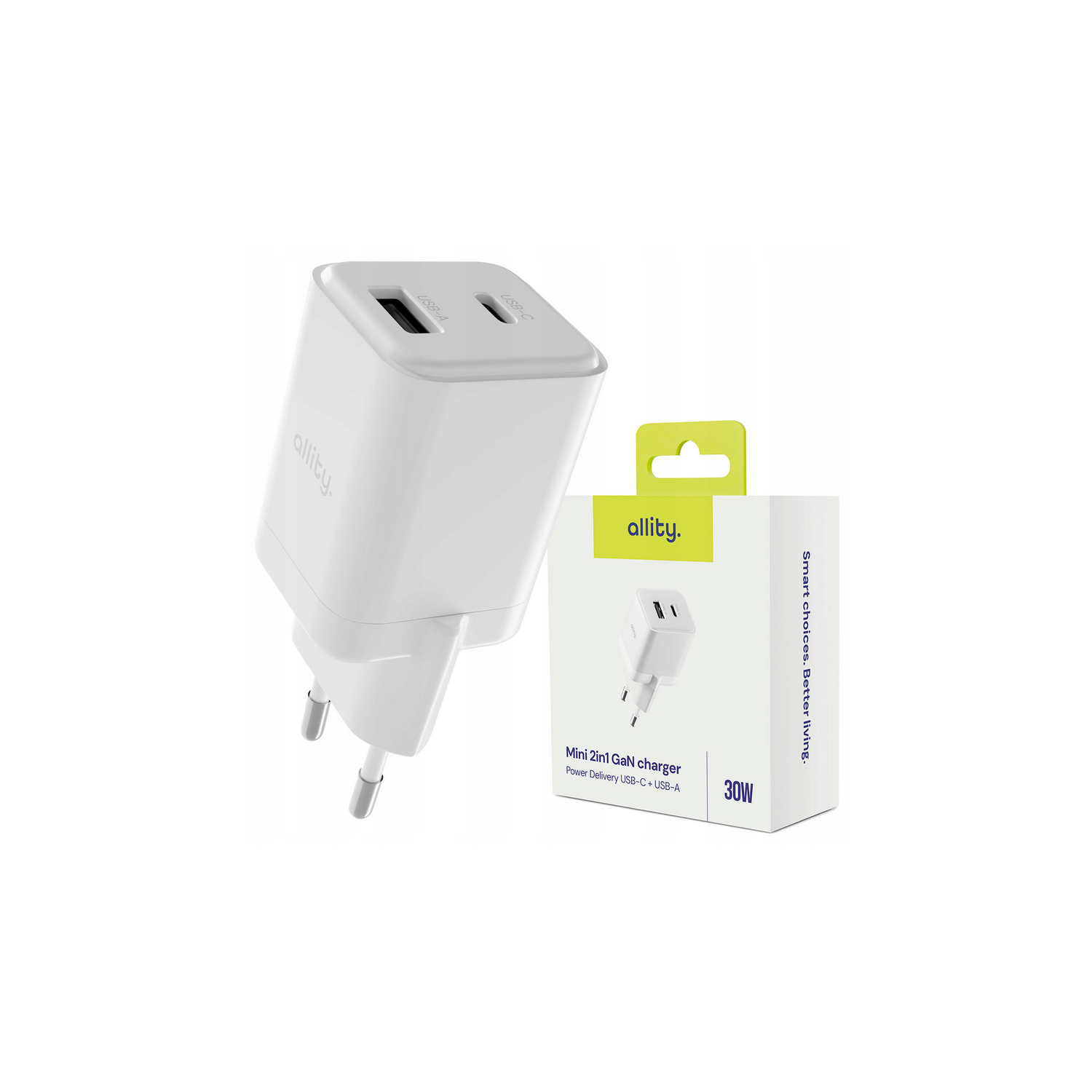 449684_oryg Φορτιστής τοίχου Allity GaN PD QC ATC-01-30WAC 1x USB-c 1x USB-a 30W λευκός - Image 1