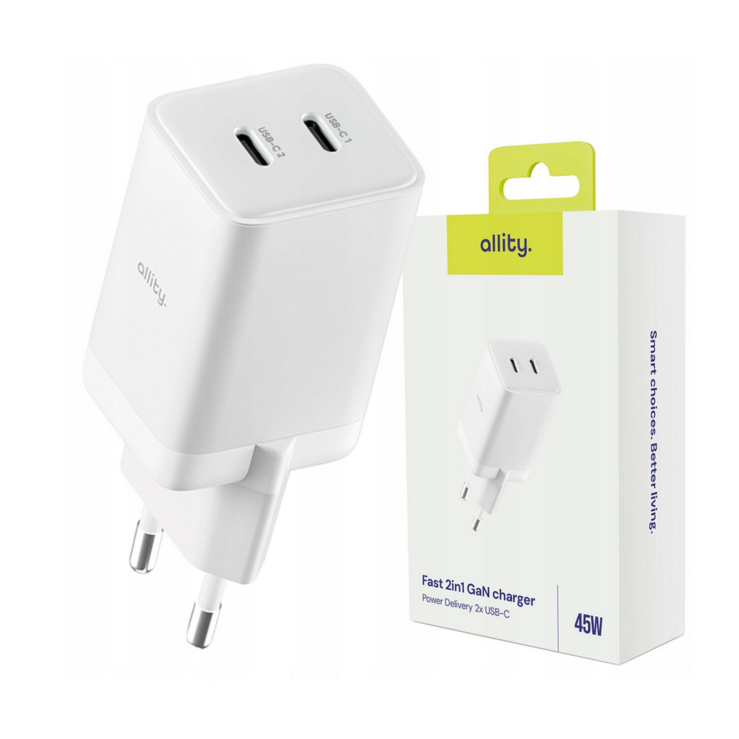 449709_oryg Φορτιστής τοίχου Allity GaN PD QC ATC-01-45WCC 2x USB-c 45W λευκός - Image 1