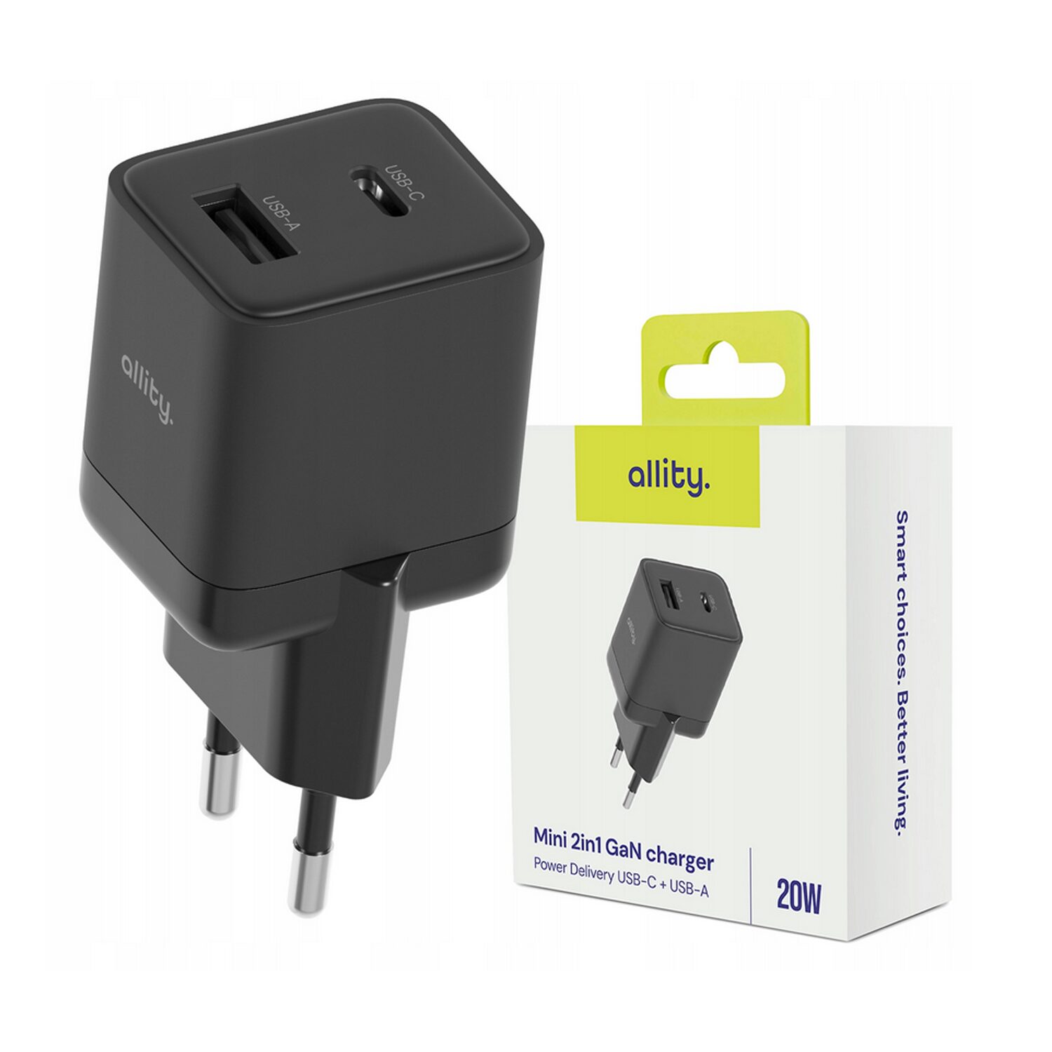 449807_oryg Φορτιστής τοίχου Allity GaN PD QC ATC-01-20WAC 1x USB-c 1x USB-a 20W μαύρος - Image 1