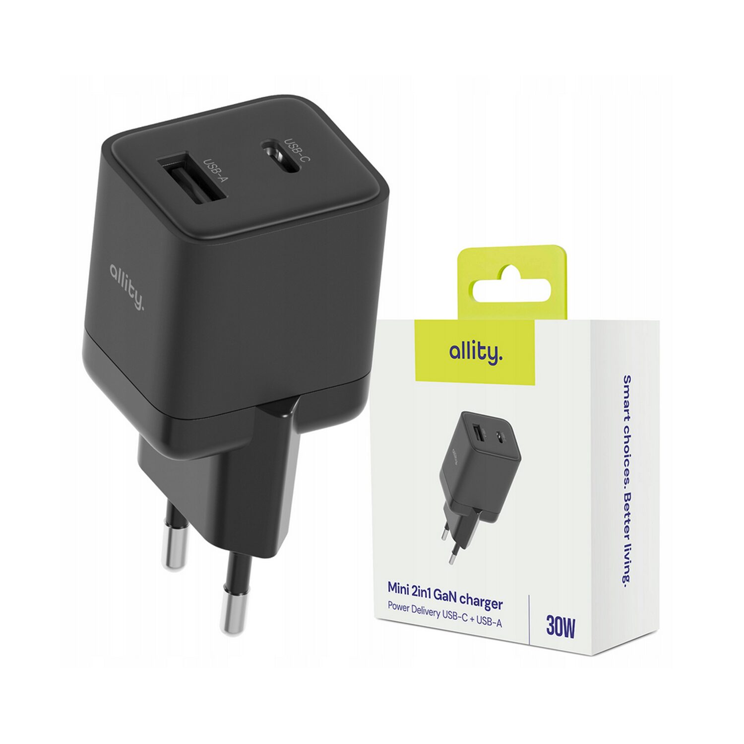 449810_oryg Φορτιστής τοίχου Allity GaN PD QC ATC-01-30WAC 1x USB-c 1x USB-a 30W μαύρος - Image 1