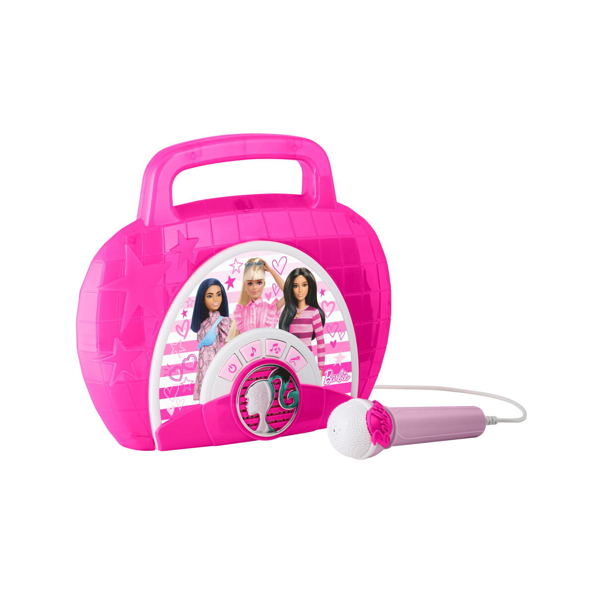 C8KioQ7M-compress eKids Barbie Boombox Karaoke & Ενσύρματο Μικρόφωνο για παιδιά με ενσωματωμένη μουσική, φωτισμό, Sound Effects (BE-115) (Μωβ/Λευκό) - Image 1
