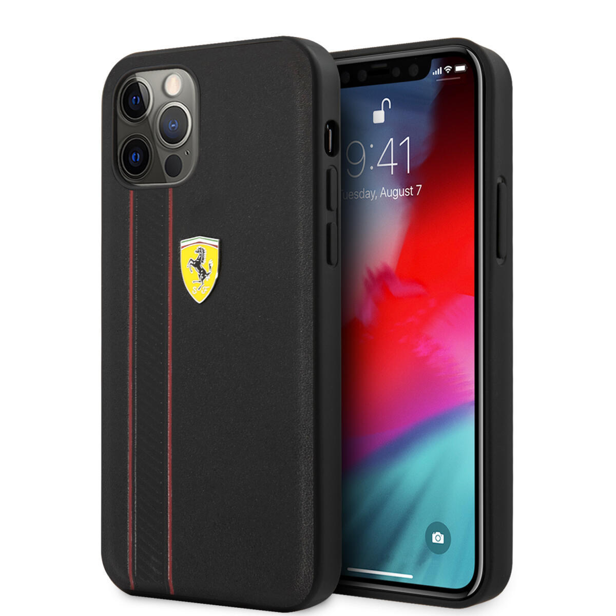 FEHCP12LRDIK_1-compress Ferrari "Debossed Stripes & Red Lines" Leather Case Θήκη προστασίας από γνήσιο καπιτονέ δέρμα – iPhone 12 Pro Max (Μαύρη/Quilted Leather) - Image 1