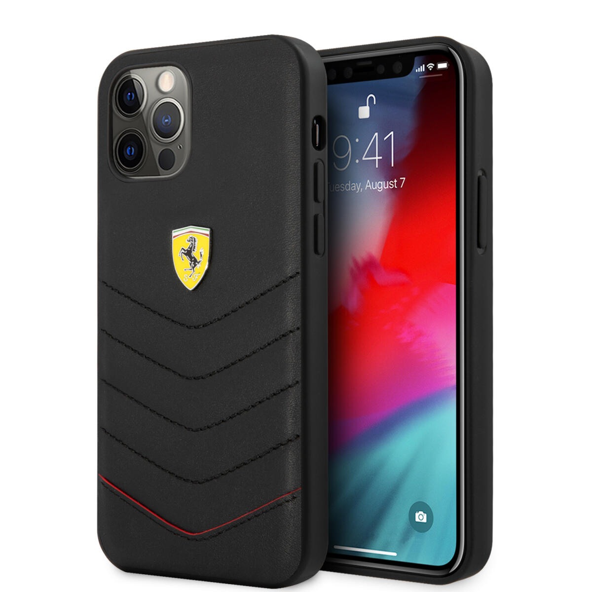 FEHCP12LRQUK_1-compress Ferrari "Off Track" Quilted Leather Case Θήκη προστασίας από γνήσιο καπιτονέ δέρμα – iPhone 12 Pro Max (Μαύρη/Κόκκινη/Quilted Leather/3D Logo) - Image 1