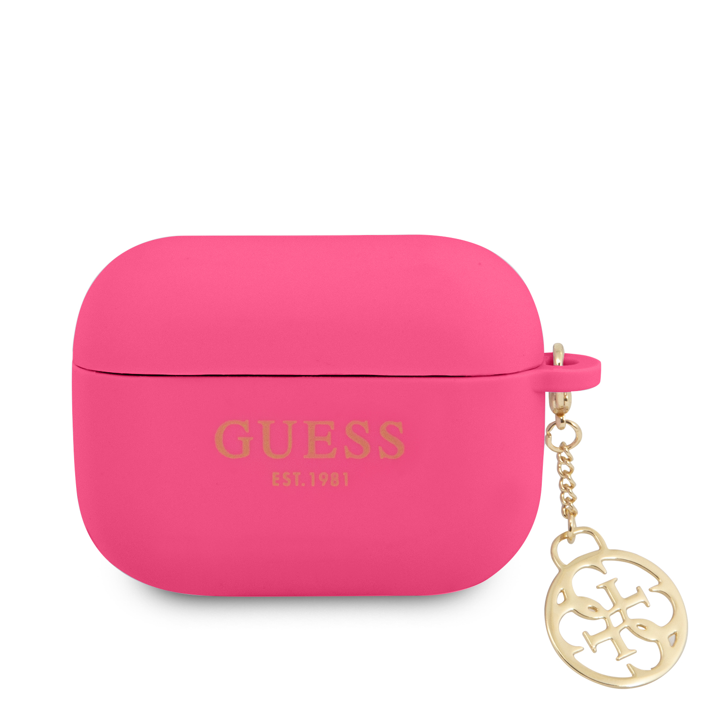 GUAPLSC4EF_1 Guess Printed Gold Logo Θήκη προστασίας από σιλικόνη για Apple Airpods Pro με χρυσό κρεμαστό στολίδι (Φούξια) - Image 1