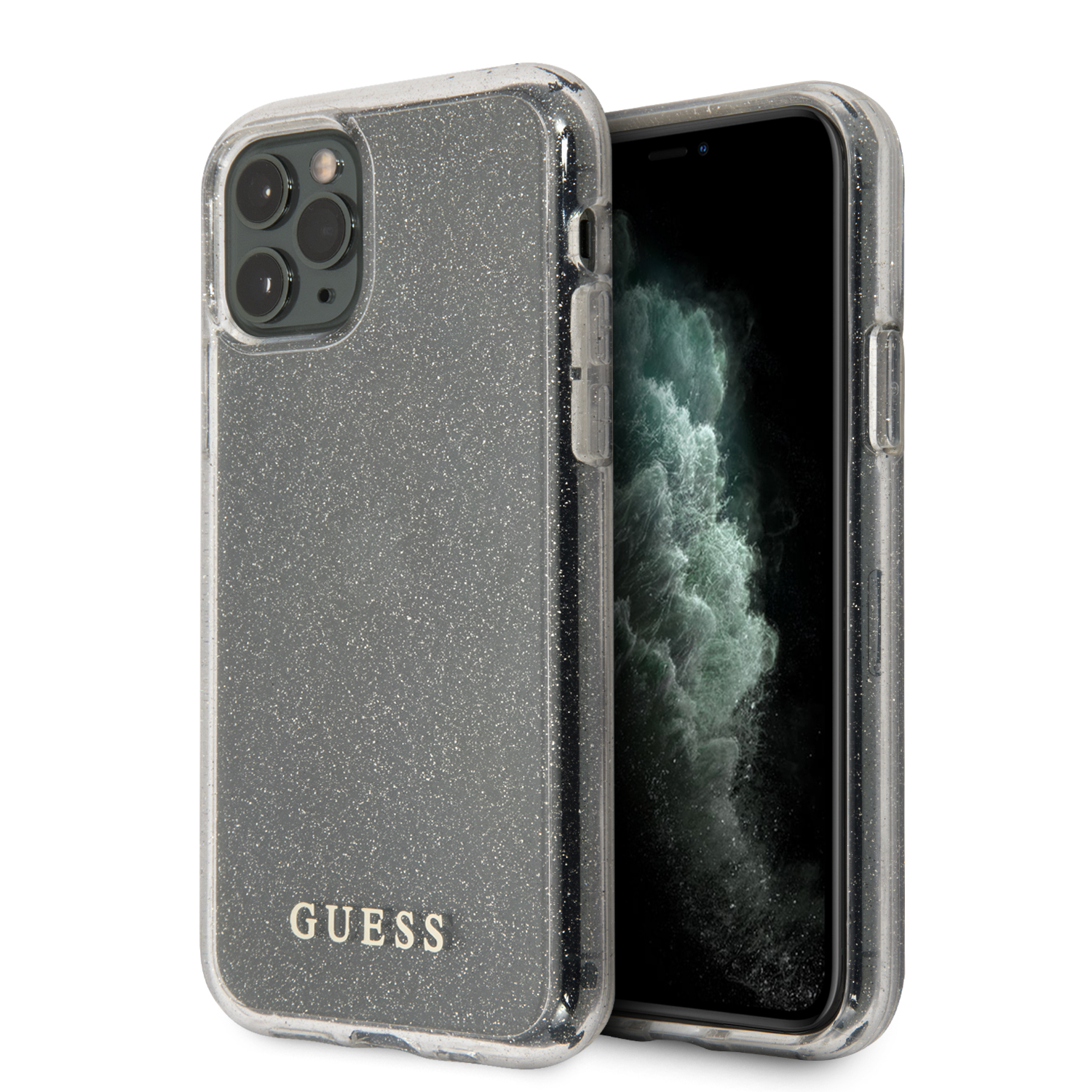 GUHCN58PCGLSI_1 Guess "Glitter Collection" Θήκη προστασίας από σιλικόνη – iPhone 11 Pro (Clear/Glitter Silver) - Image 1