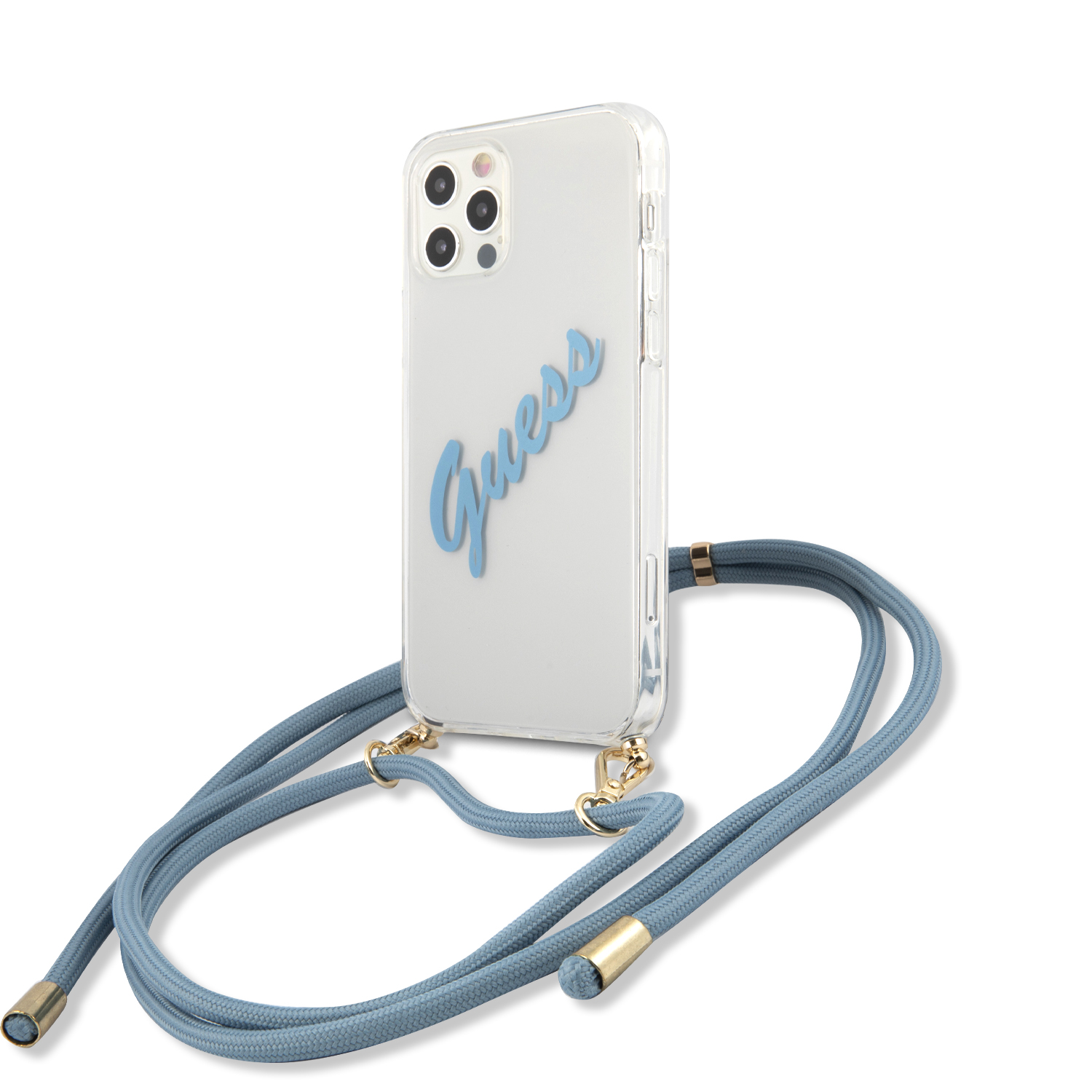 GUHCP12LCRTVSBL_1 Guess “Vintage Script Pink Logo Collection” Σκληρή Θήκη προστασίας από σιλικόνη με κορδονάκι χειρός σε γαλάζιο χρώμα – Apple iPhone 12 Pro Max (Διάφανη) - Image 1