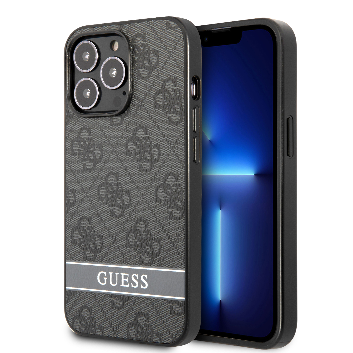 GUHCP13LP4SNK_1 Guess "4G Logo Collection" Printed Stripe Θήκη προστασίας από δερματίνη – iPhone 13 Pro (Γκρι/Μαύρη) - Image 1