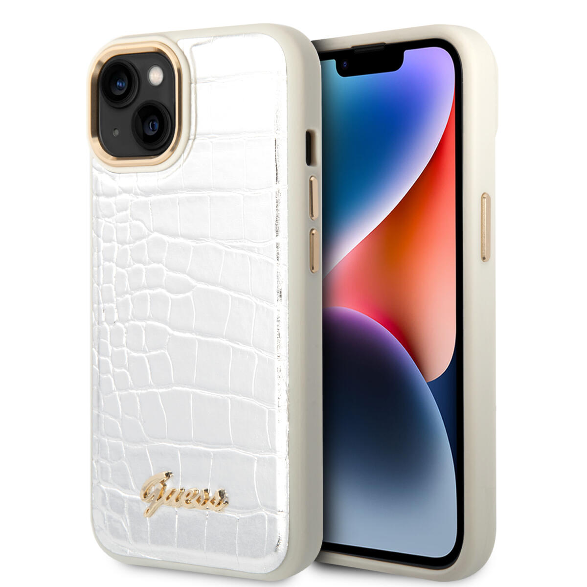 GUHCP14MHGCRHS_1-compress Guess "Croco Collection" Hot Stamp Lines Θήκη προστασίας από δερματίνη με μεταλλικό λογότυπο – iPhone 14 Plus (Λευκό) - Image 1