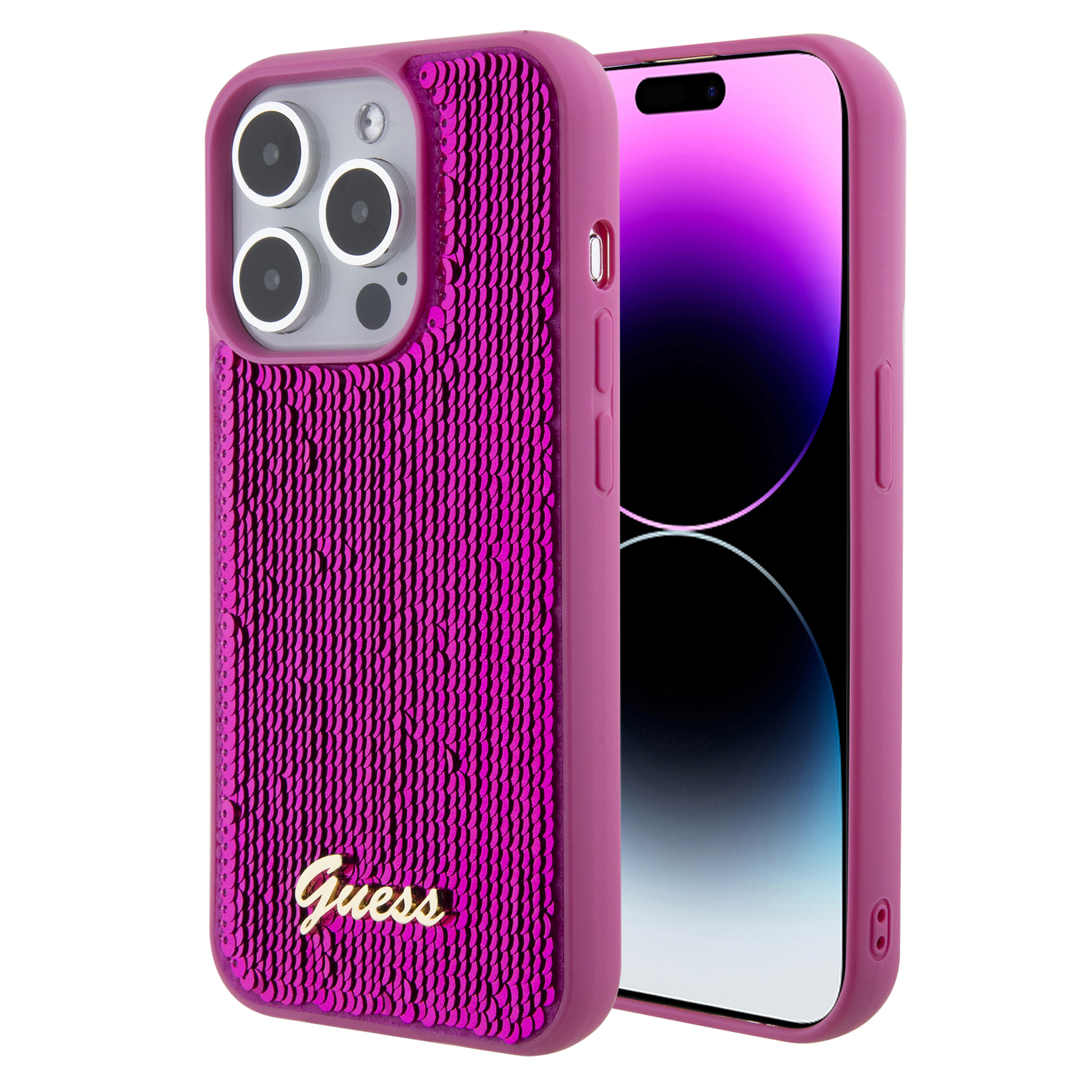 GUHCP15LPSFDGSF_1 Guess "Sequin Script Metal" Hard Case iPhone 15 Pro (Fuchsia – GUHCP15LPSFDGSF) - Image 1