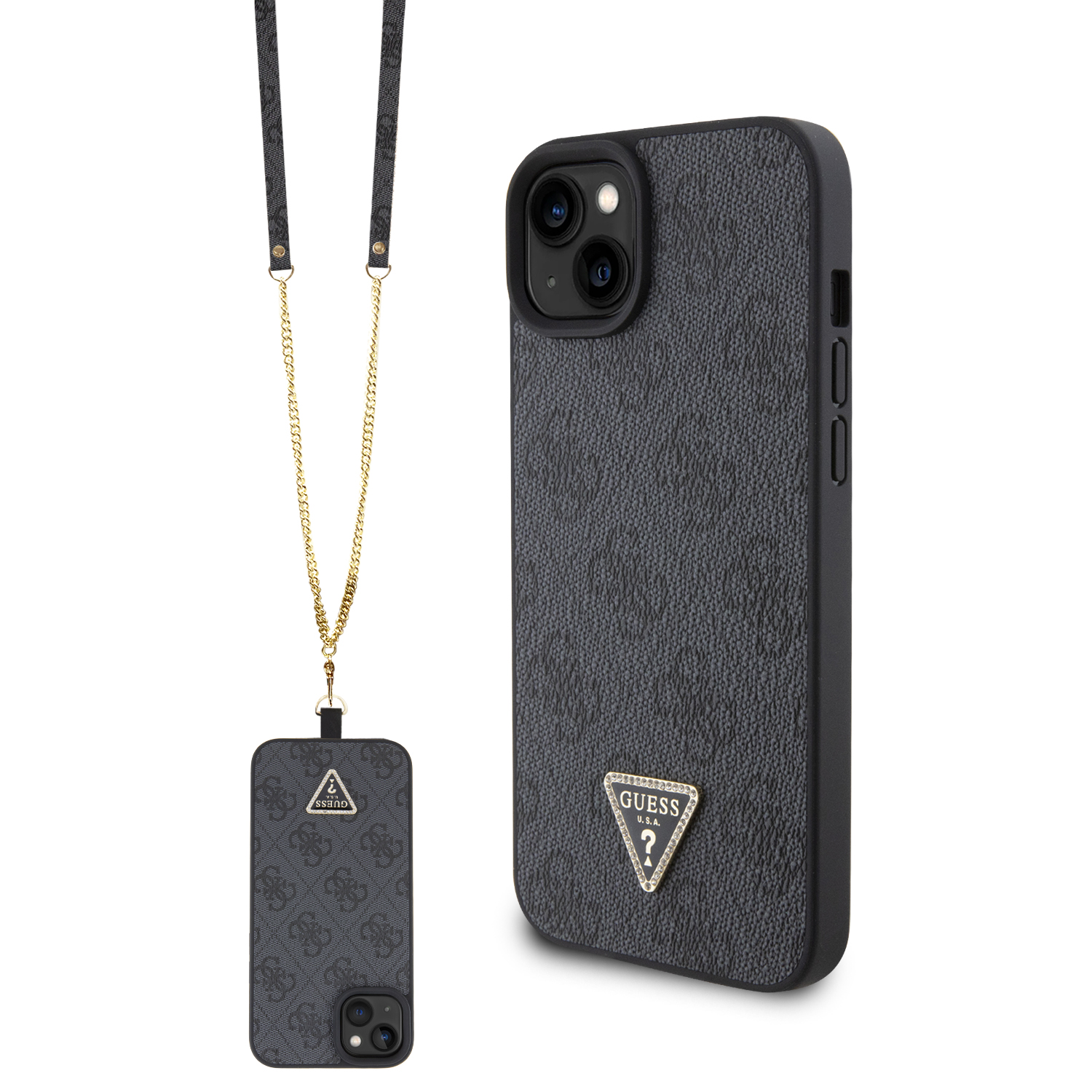 GUHCP15MP4TDSCPK_1 Guess “Triangle Metal Logo Strass Collection” Crossbody Case Θήκη προστασίας από δερματίνη με λουράκι – iPhone 15 Plus (Μαύρο – GUHCP15MP4TDSCPK) - Image 1
