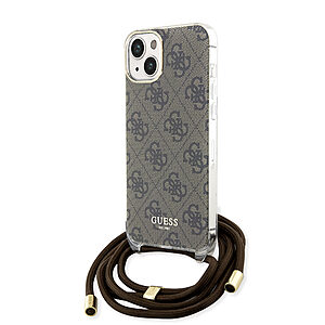 Guess "4G Logo Collection" Crossbody Hard Case Script Metal Logo Θήκη προστασίας από σιλικόνη με λουράκι – iPhone 15 (Καφέ – GUHCP15SHC4SEW)
