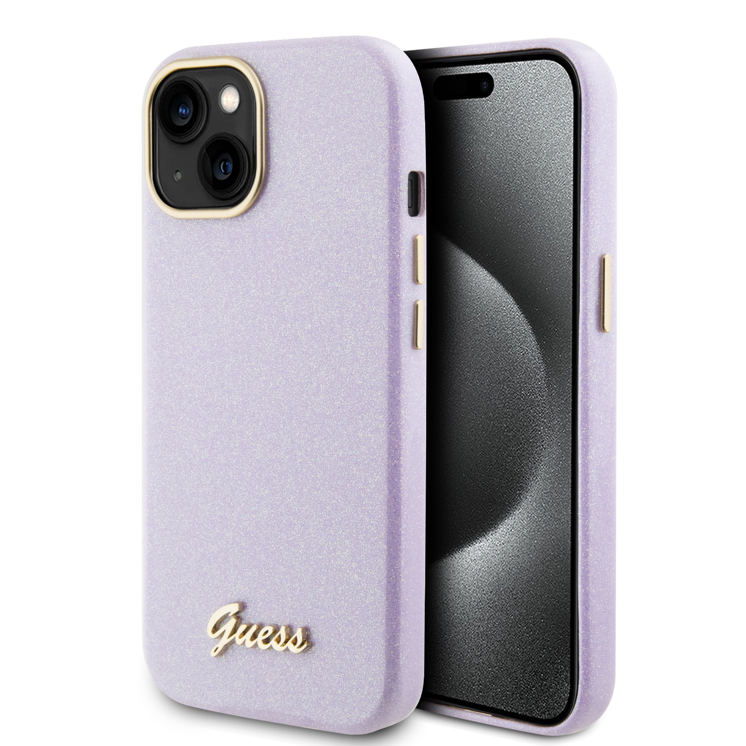 GUHCP15SPGMCSL_1 Guess Glitter Full Wrapped Glossy Case with Vintage Script Logo Θήκη προστασίας από σιλικόνη – iPhone 15 (Glitter Lilac – GUHCP15SPGMCSL) - Image 1