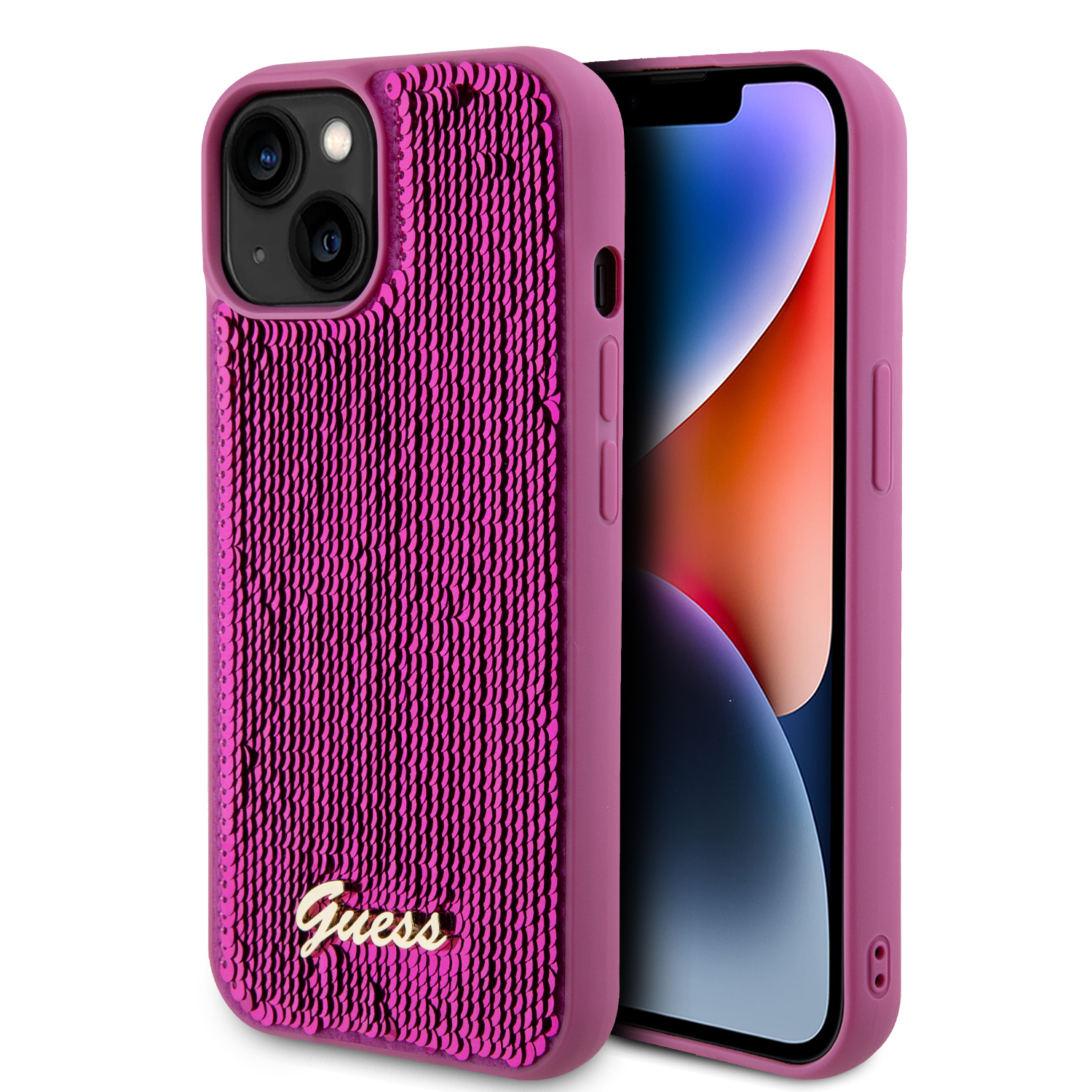 GUHCP15SPSFDGSF_1 Guess "Sequin Script Metal" Hard Case iPhone 15 (Fuchsia – GUHCP15SPSFDGSF) - Image 1