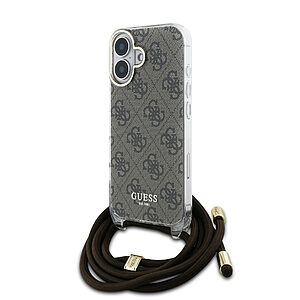 Guess “4G Logo Collection” Crossbody Hard Case Script Metal Logo Θήκη προστασίας από σιλικόνη με λουράκι – iPhone 16 (Καφέ – GUHCP16SHC4SEW)