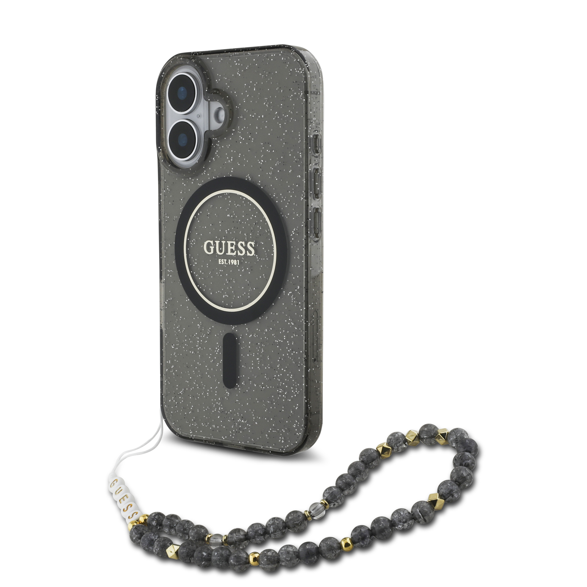 GUHMP16SHGCRELSK_1 Guess Magsafe “Glitter with Pearl Strap” Hard Case Θήκη προστασίας από σκληρό πλαστικό – iPhone 16 (Μαύρο – GUHMP16SHGCRELSK) - Image 1