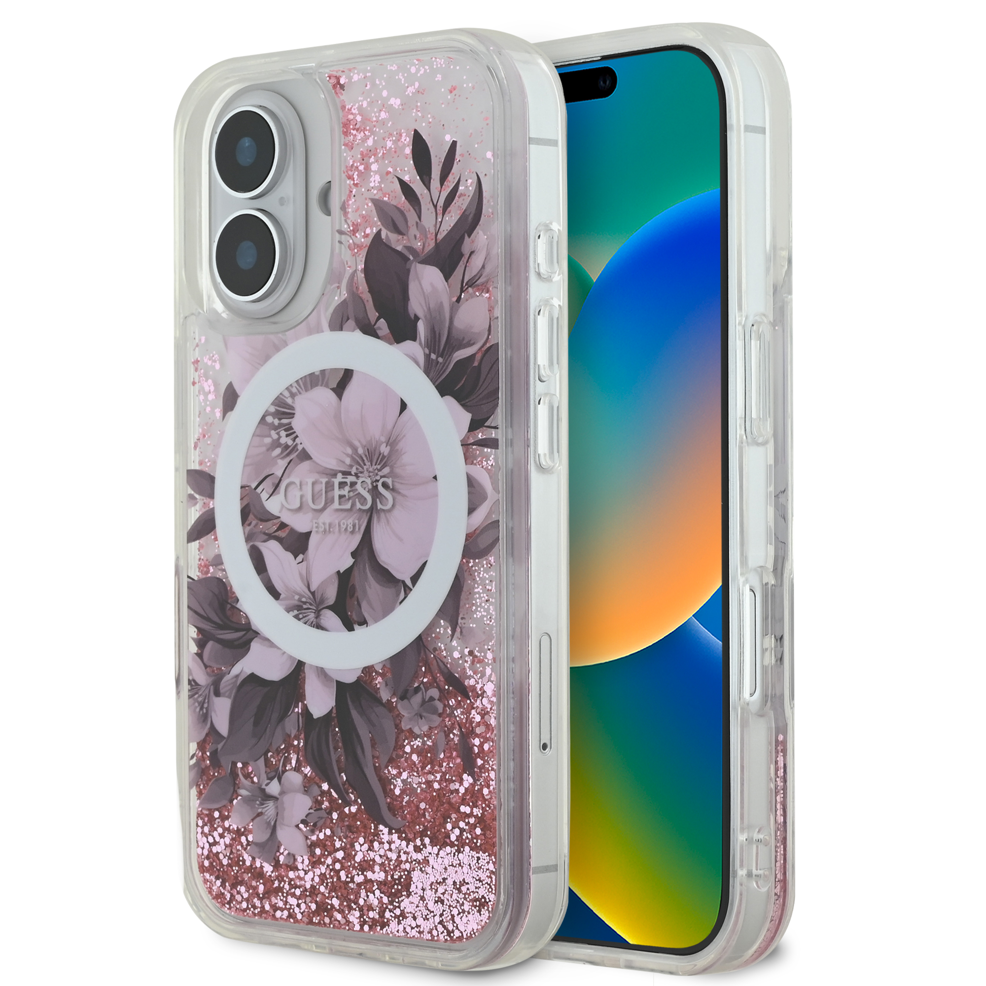 GUHMP16SLFMWTP_1 Guess Magsafe “Liquid Glitter Flower" Hard Case Θήκη προστασίας από σκληρό πλαστικό – iPhone 16 (Ροζ – GUHMP16SLFMWTP) - Image 1