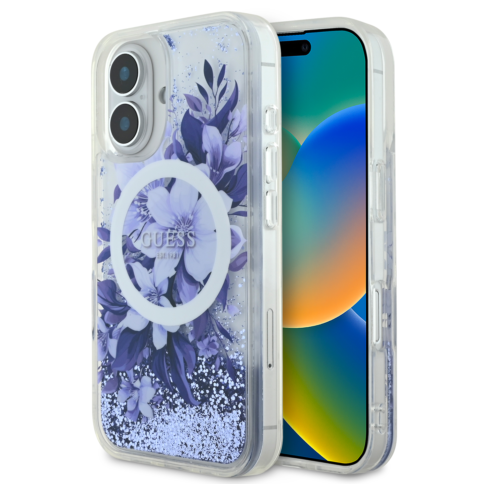 GUHMP16SLFMWTU_1 Guess Magsafe “Liquid Glitter Flower" Hard Case Θήκη προστασίας από σκληρό πλαστικό – iPhone 16 (Μωβ – GUHMP16SLFMWTU) - Image 1