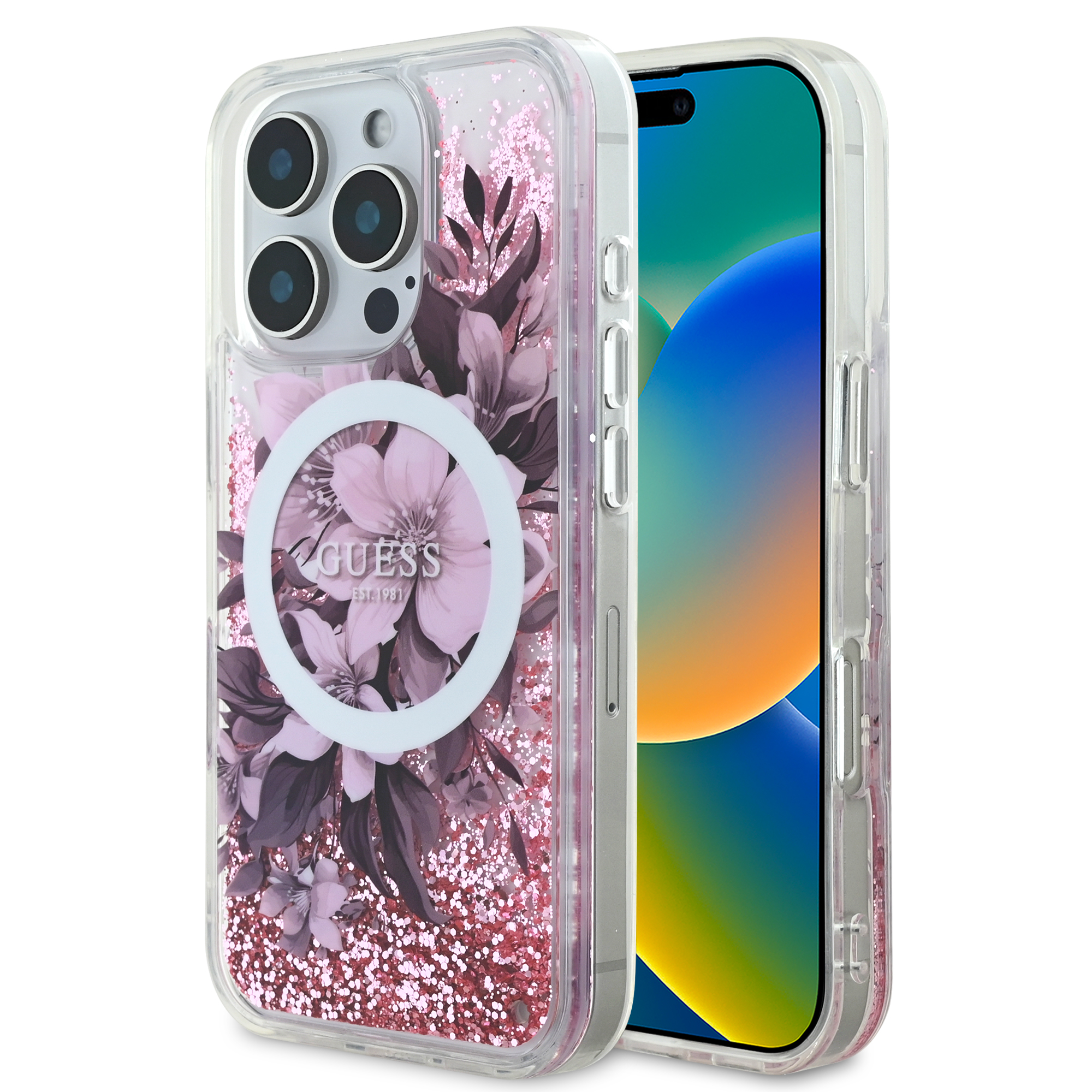 GUHMP16XLFMWTP_1 Guess Magsafe “Liquid Glitter Flower" Hard Case Θήκη προστασίας από σκληρό πλαστικό – iPhone 16 Pro Max (Ροζ – GUHMP16XLFMWTP) - Image 1