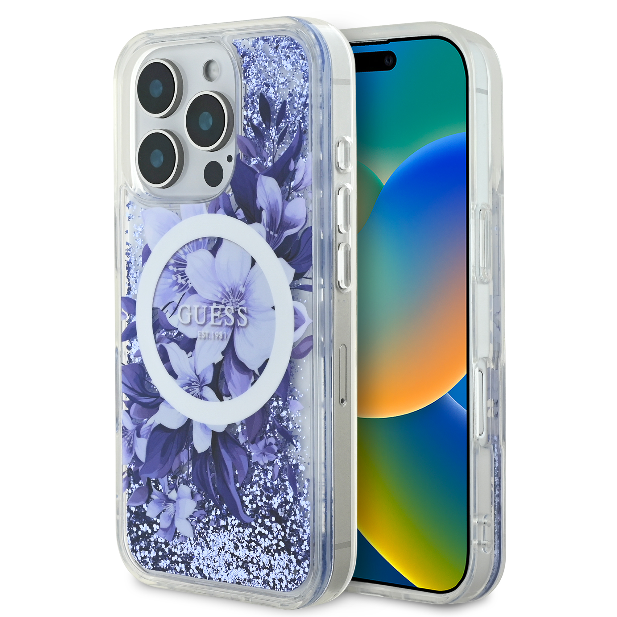 GUHMP16XLFMWTU_1 Guess Magsafe “Liquid Glitter Flower" Hard Case Θήκη προστασίας από σκληρό πλαστικό – iPhone 16 Pro Max (Μωβ – GUHMP16XLFMWTU) - Image 1