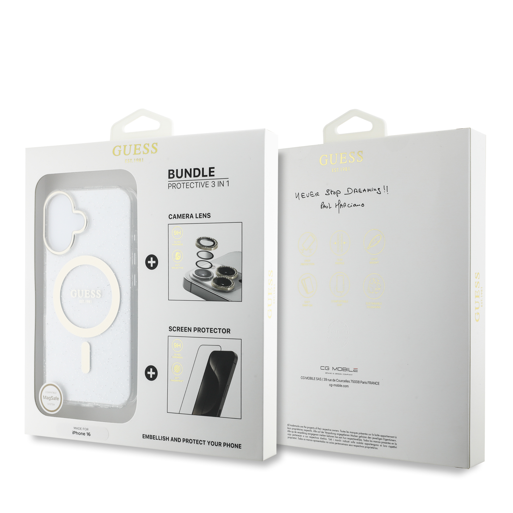 GUOBPLTP16SHCMCGT_1 Guess IML Magsafe Case “Rhinestone Gold Lens + Screen” Θήκη προστασίας από σκληρό πλαστικό – iPhone 16 (Clear/Glitter – GUOBPLTP16SHCMCGT) - Image 1