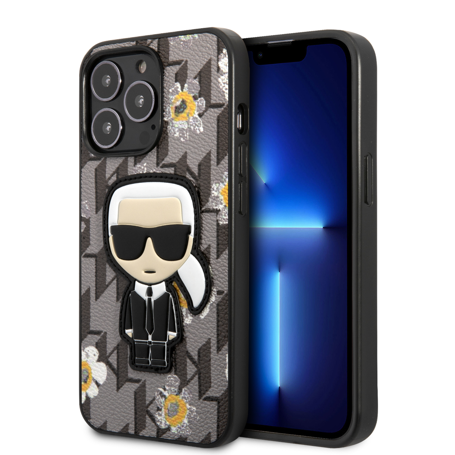 KLHCP13LPMNFIK1_1 Karl Lagerfeld Flower Mono Ikonik Patch Case Θήκη προστασίας από δερματίνη – iPhone 13 Pro (Γκρι – KLHCP13LPMNFIK1) - Image 1