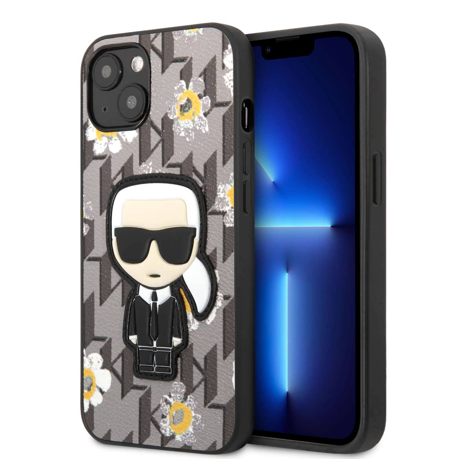 KLHCP13MPMNFIK1_1 Karl Lagerfeld Flower Mono Ikonik Patch Case Θήκη προστασίας από δερματίνη – iPhone 13 (Γκρι – KLHCP13MPMNFIK1) - Image 1