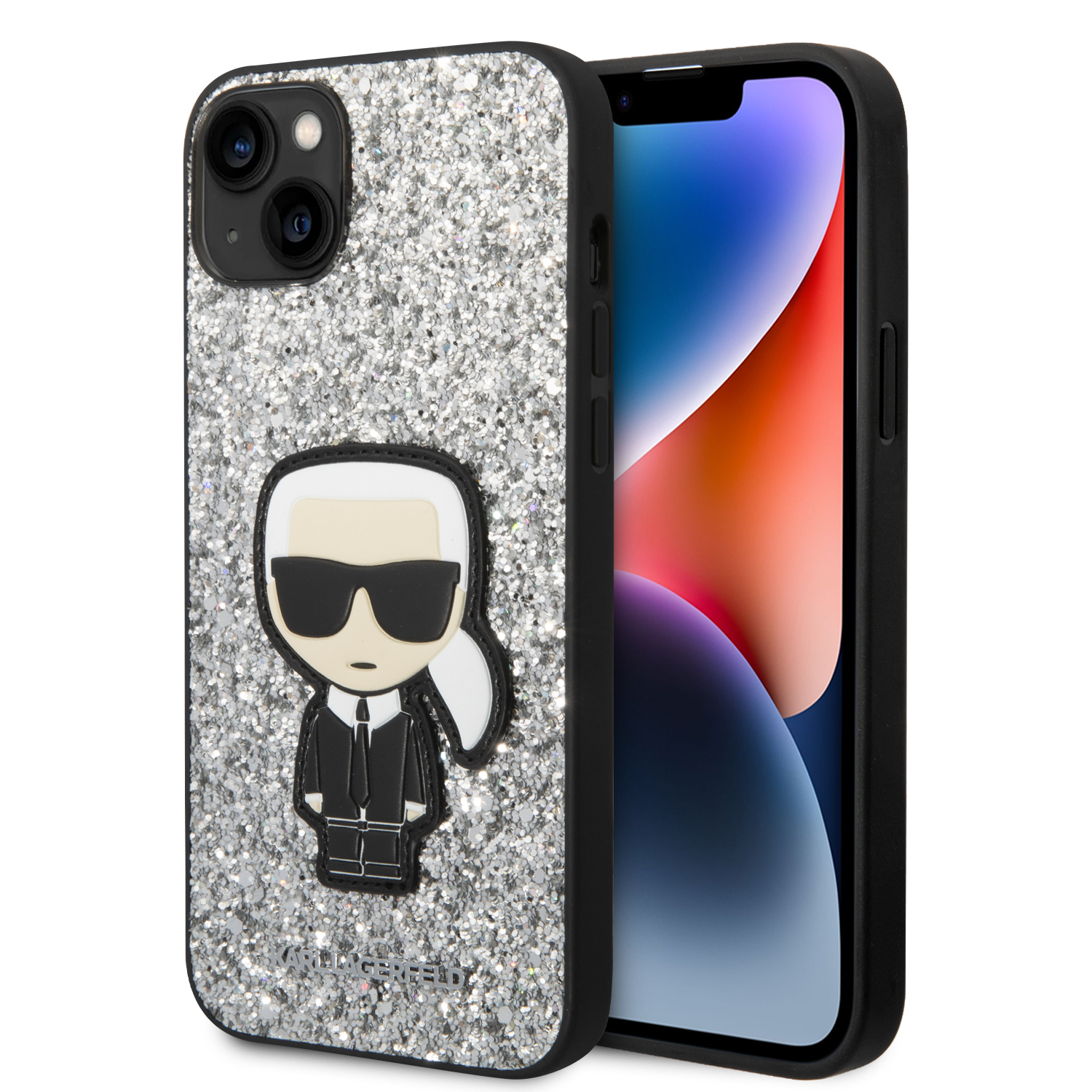 KLHCP14MGFKPG_1 Karl Lagerfeld Glitter Flakes Case with Ikonik Patch and Metal Logo Θήκη προστασίας από σιλικόνη – iPhone 14 Plus (Glitter Silver) - Image 1