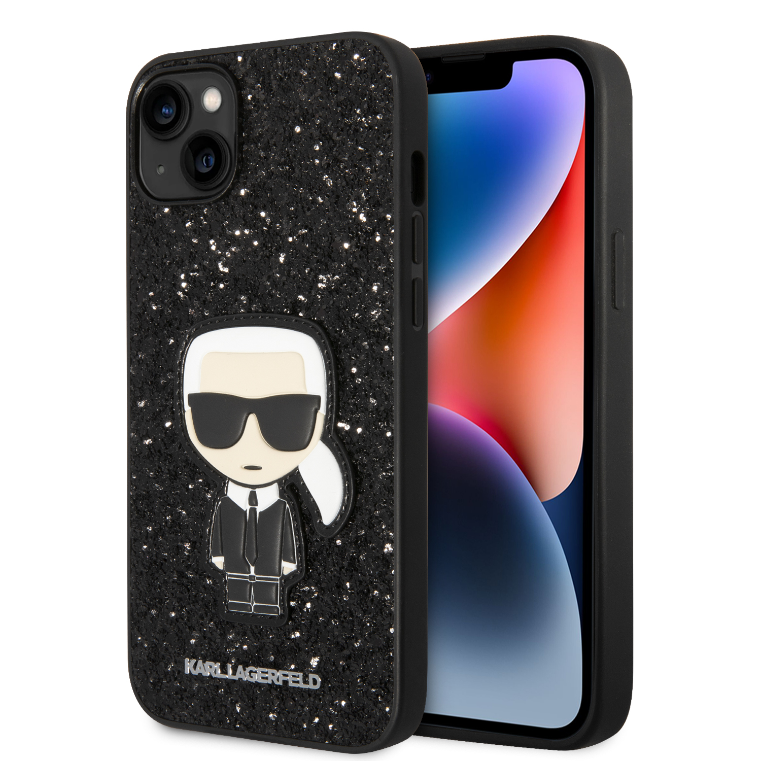 KLHCP14MGFKPK_1 Karl Lagerfeld Glitter Flakes Case with Ikonik Patch and Metal Logo Θήκη προστασίας από σιλικόνη – iPhone 14 Plus (Glitter Black) - Image 1