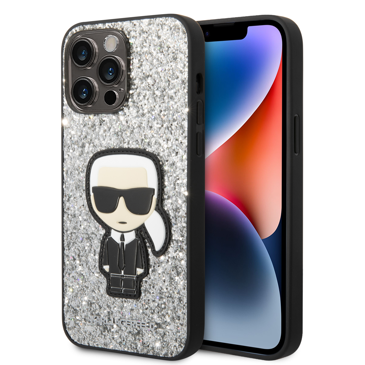 KLHCP14XGFKPG_1-1 Karl Lagerfeld Glitter Flakes Case with Ikonik Patch and Metal Logo Θήκη προστασίας από σιλικόνη – iPhone 14 Pro Max (Glitter Silver) - Image 1