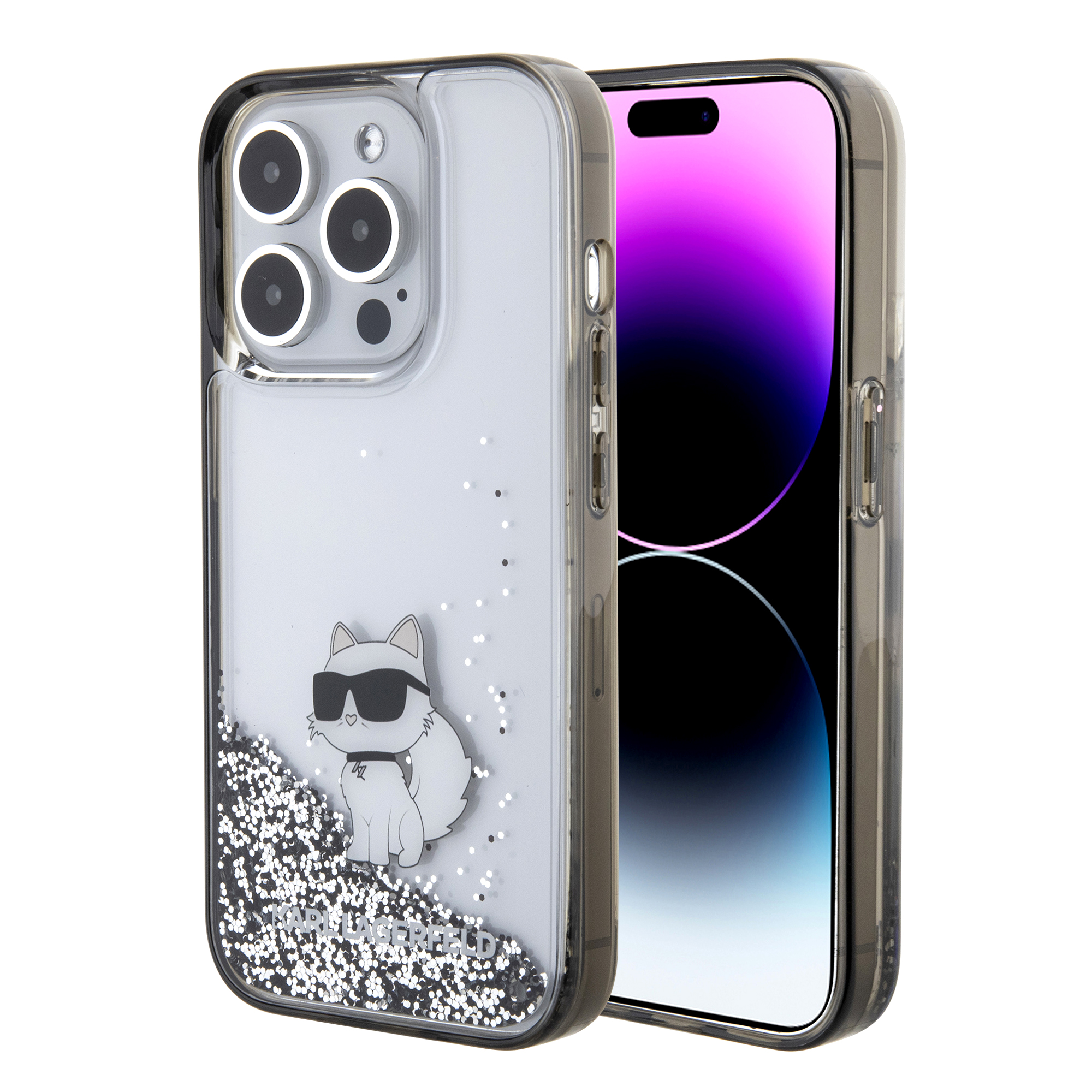 KLHCP15LLKCNSK_1 Karl Lagerfeld Ikonik Case Choupette Θήκη προστασίας από Liquid σιλικόνη – iPhone 15 Pro (Clear / Silver Glitter – KLHCP15LLKCNSK) - Image 1