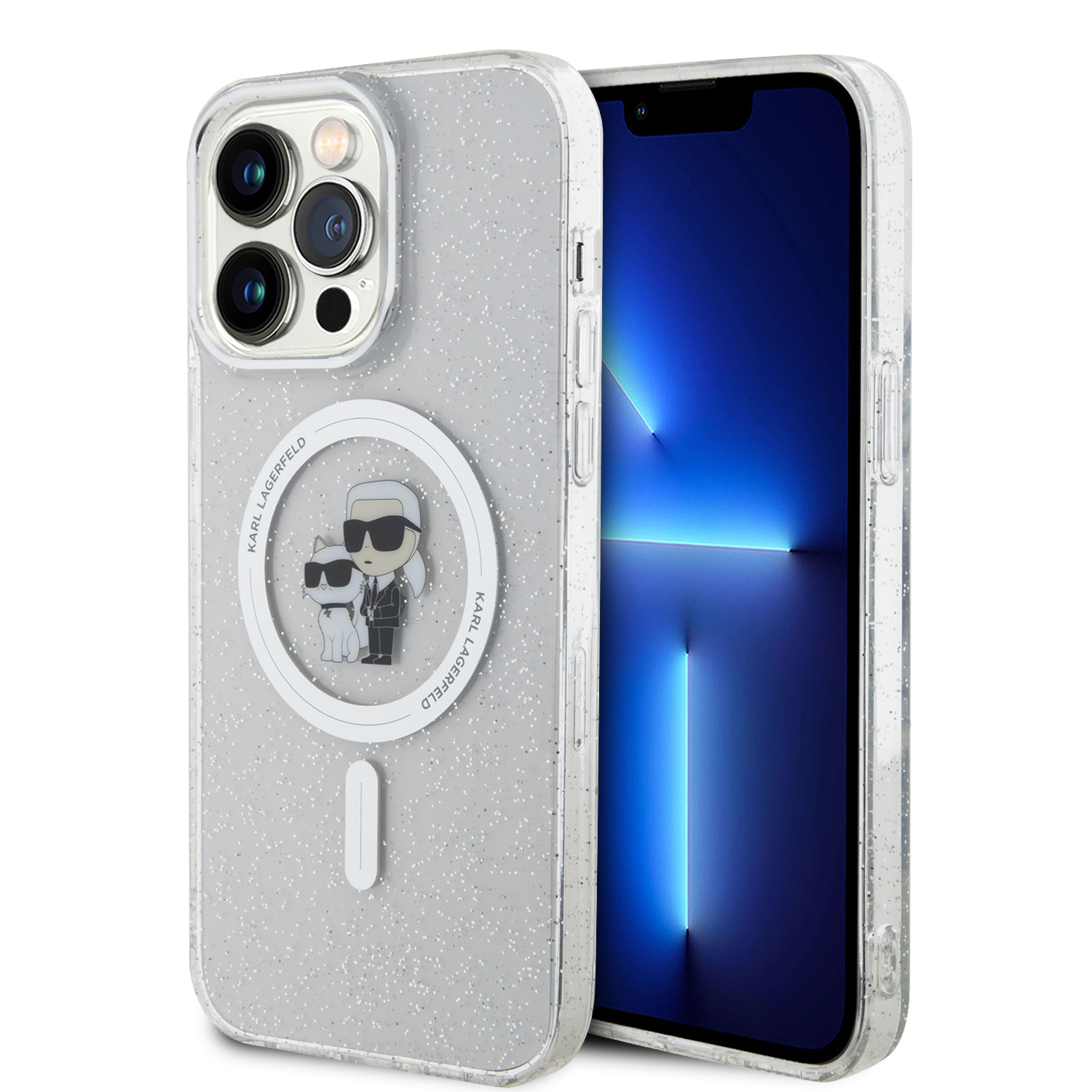 KLHMP14XHGKCNOT_1 Karl Lagerfeld Magsafe Ringstand Case IML Karl+Choupette Θήκη προστασίας από σκληρό πλαστικό για iPhone 14 Pro Max (Glitter Clear – KLHMP14XHGKCNOT) - Image 1