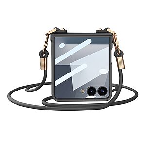 Θήκη Samsung Galaxy Z Flip7 5G GKK Full Premium Protection με προστασία οθόνης Tempered Glass και κορδονάκι για το λαιμό από σκληρό πλαστικό μαύρο